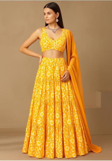Yellow Georgette Printed Lehenga Set