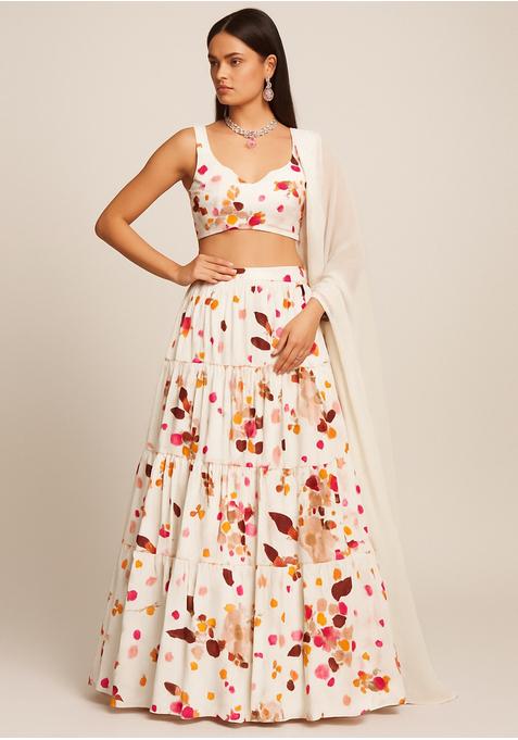Off White Satin Printed Lehenga Set