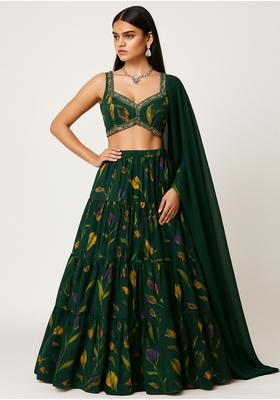 Forest Green Satin Georgette Printed Lehenga Set