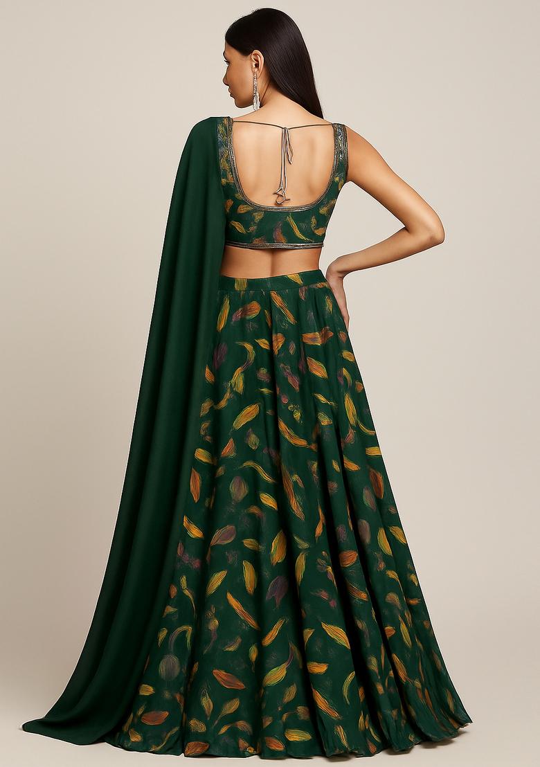 Forest Green Satin Georgette Printed Lehenga Set - Indya