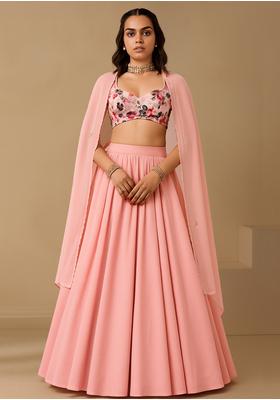 Pink Chinon Printed Blouse Lehenga Set