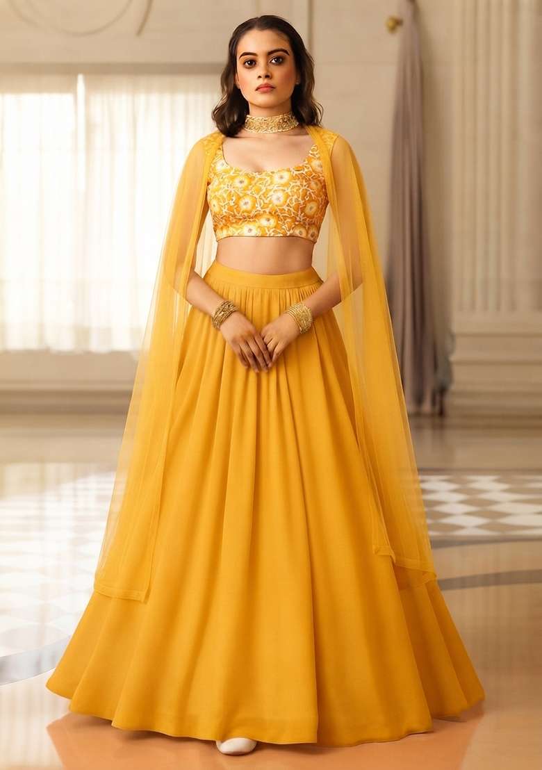 Orange Chinon Printed Blouse Lehenga Set - Indya