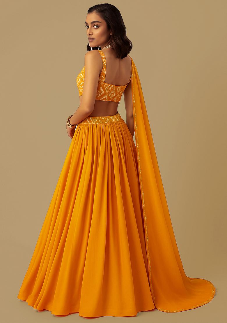 Orange Chinon Printed Blouse Lehenga Set - Indya