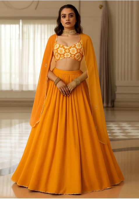 Orange Chinon Printed Blouse Lehenga Set