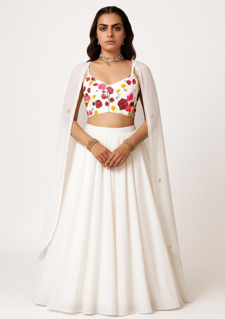 Off White Chinon Printed Blouse Lehenga Set