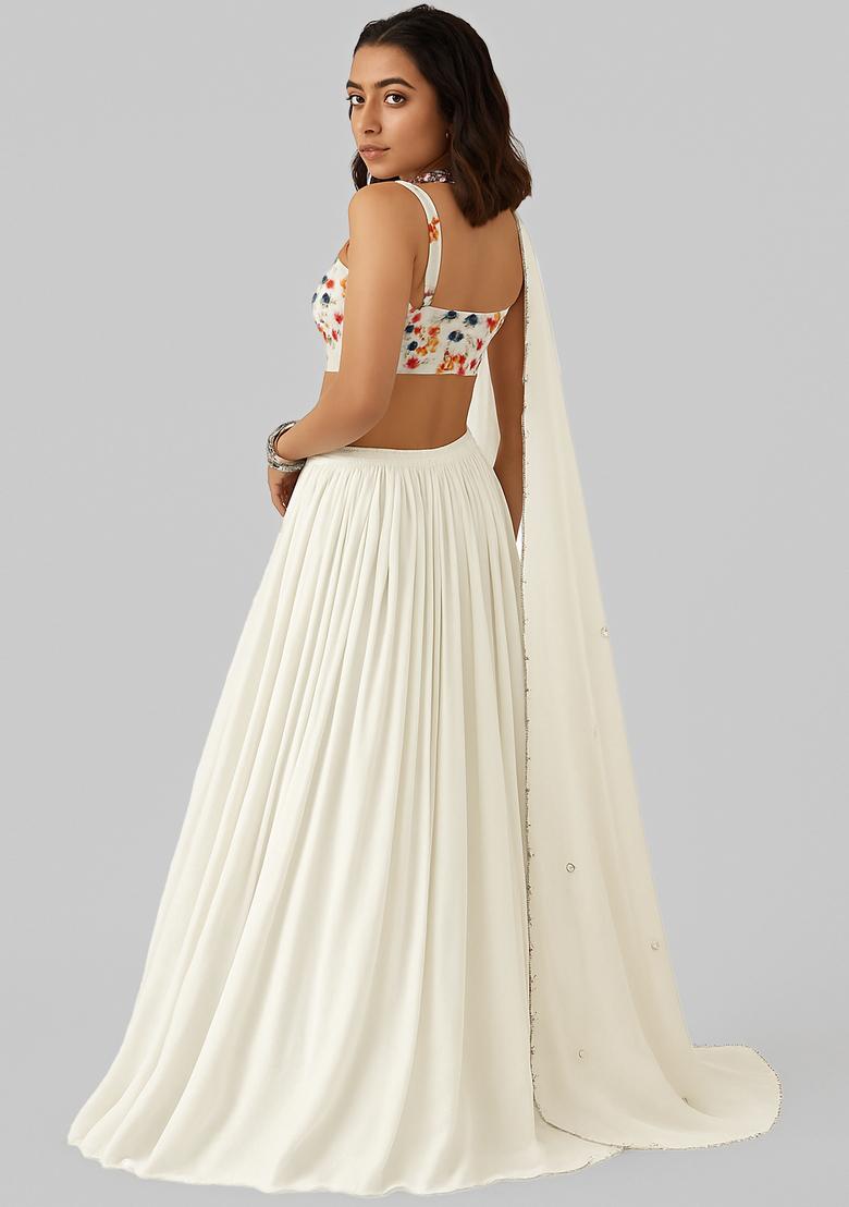 Beige Chinon Printed Blouse Lehenga Set - Indya