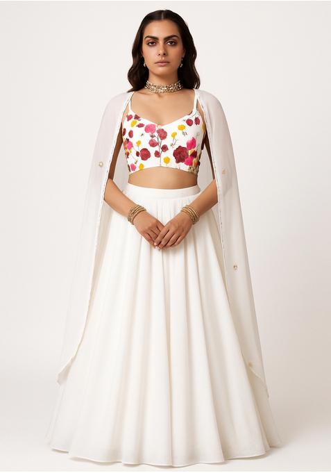 Off White Chinon Printed Blouse Lehenga Set