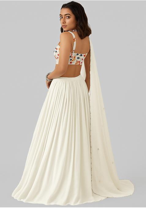 Off White Chinon Printed Blouse Lehenga Set