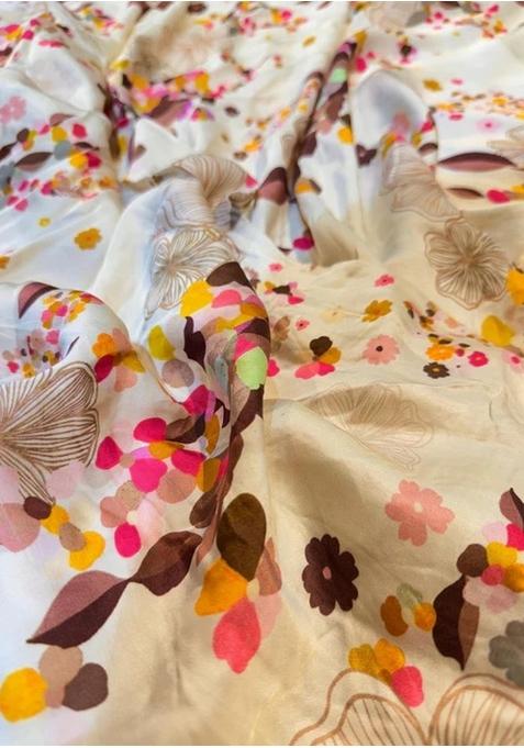 Off White Chinon Printed Blouse Lehenga Set