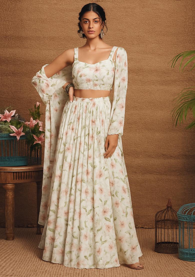 Off White Georgette Printed Lehenga Set