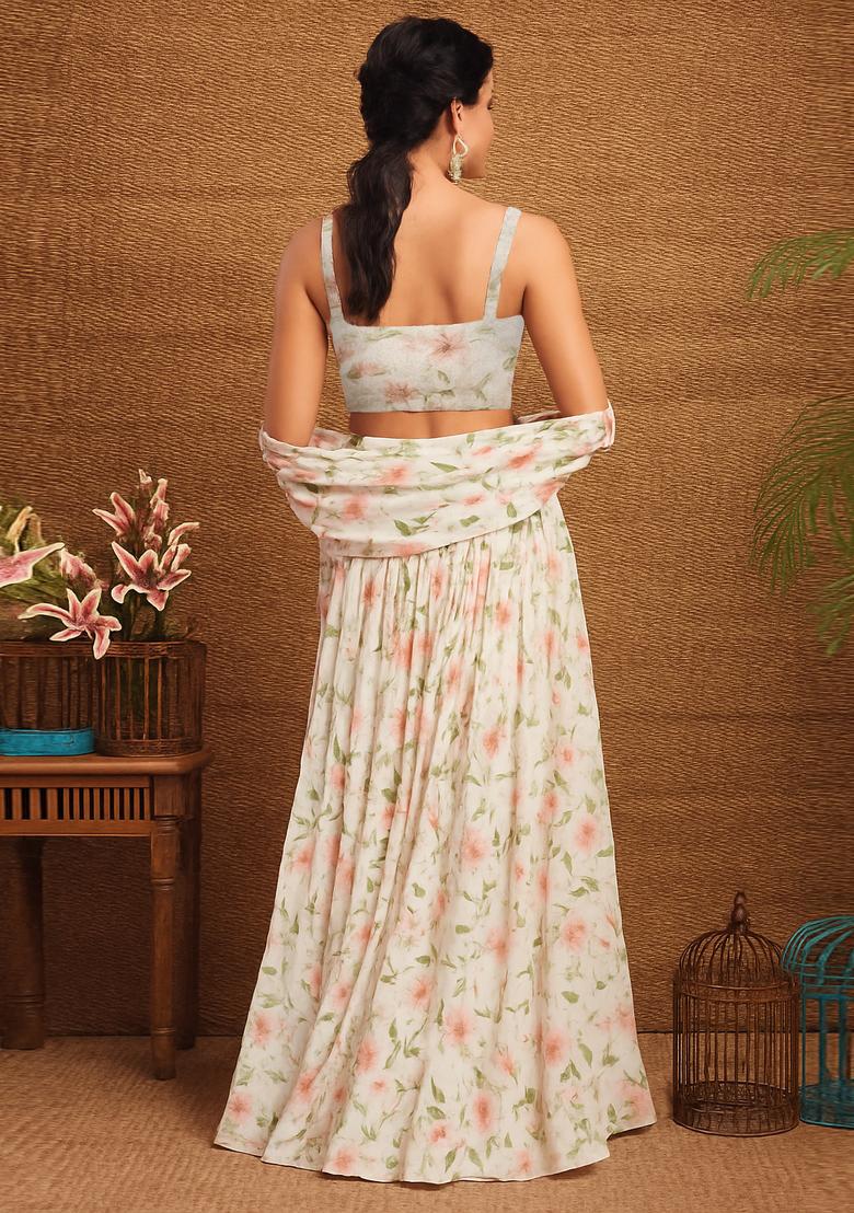 Beige Satin Georgette Printed Lehenga Set - Indya