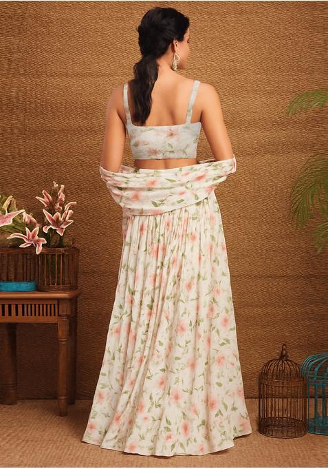 Off White Georgette Printed Lehenga Set