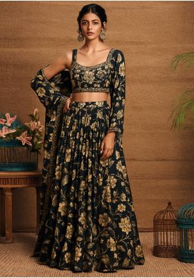 Black Satin Georgette Printed Lehenga Set