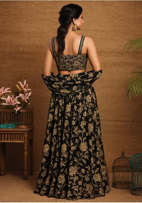 Black Georgette Printed Lehenga Set