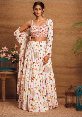 Beige Satin Georgette Printed Lehenga Set