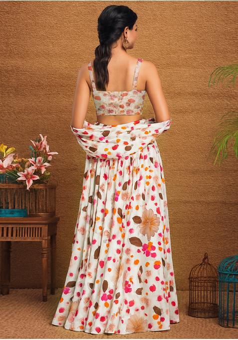 Off White Georgette Printed Lehenga Set