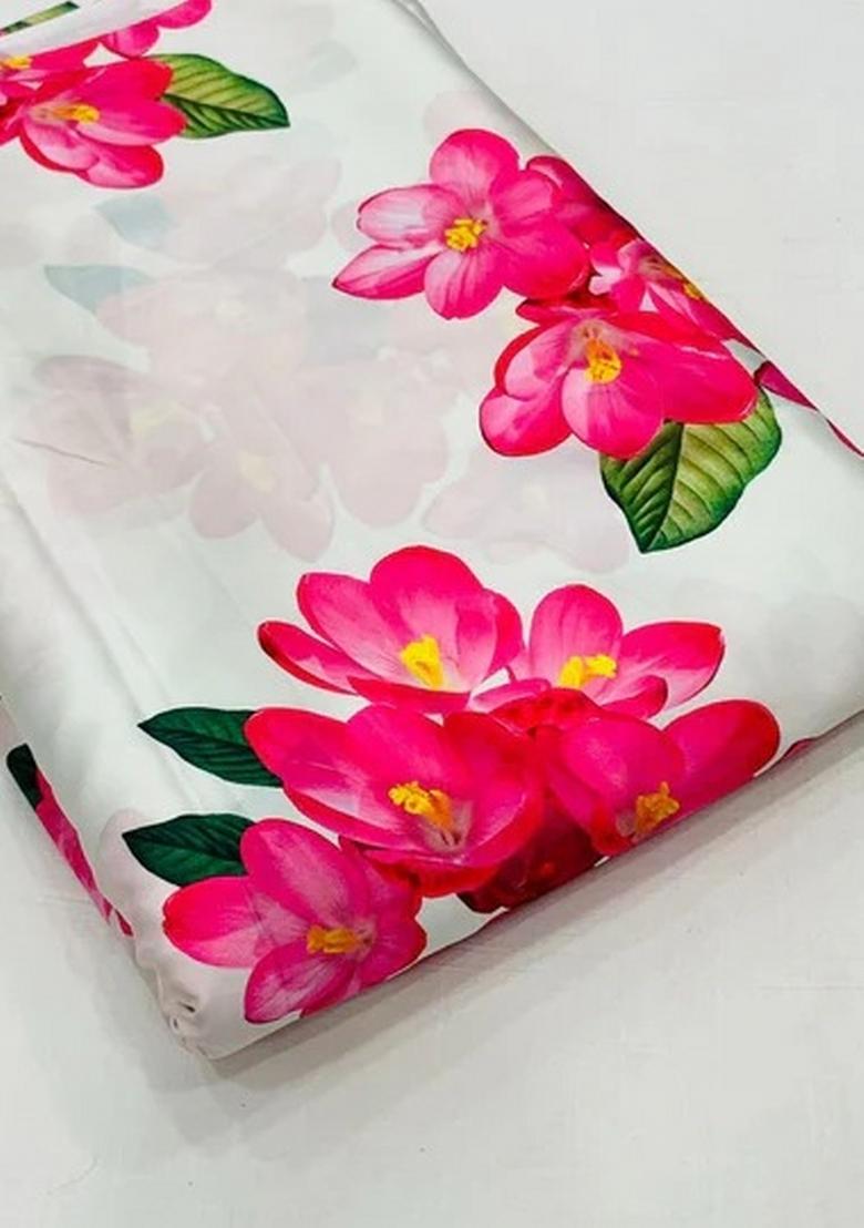 White Satin Georgette Printed Lehenga Set - Indya