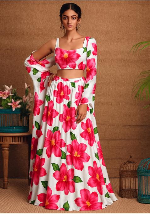 White Georgette Printed Lehenga Set