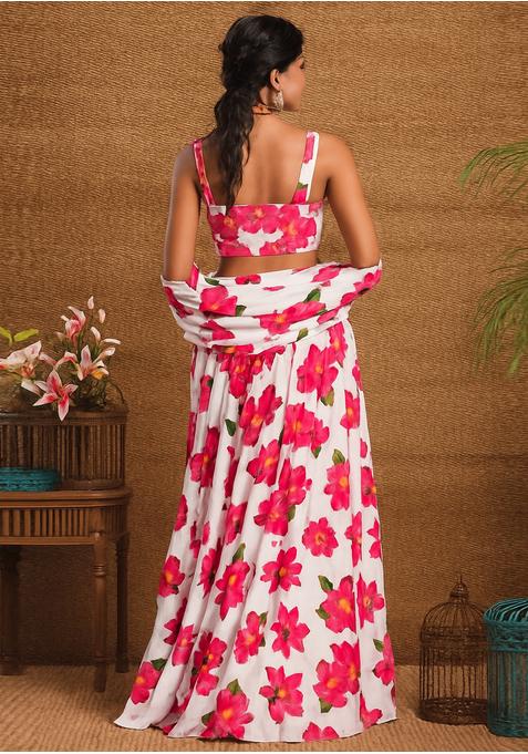 White Georgette Printed Lehenga Set