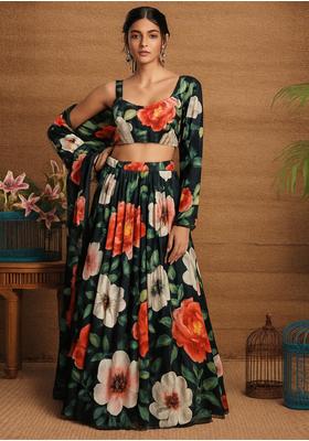 Black Satin Georgette Printed Lehenga Set