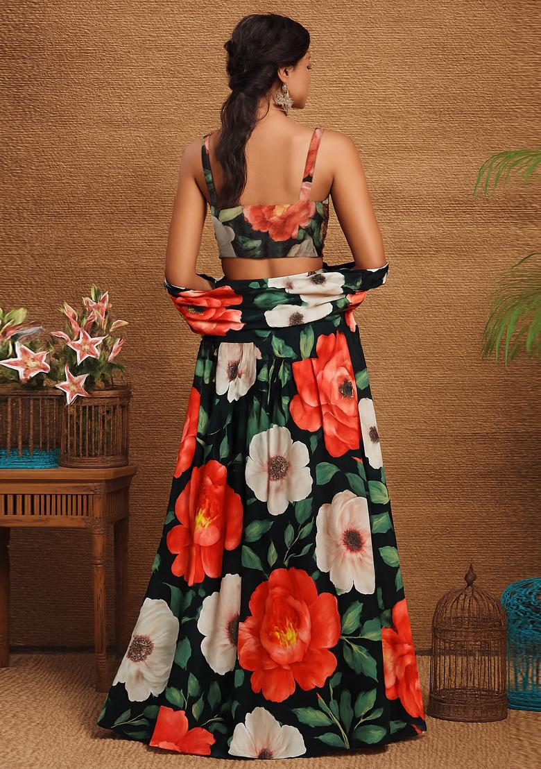 Black Satin Georgette Printed Lehenga Set - Indya