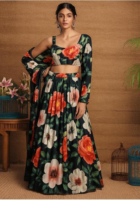 Black Georgette Printed Lehenga Set