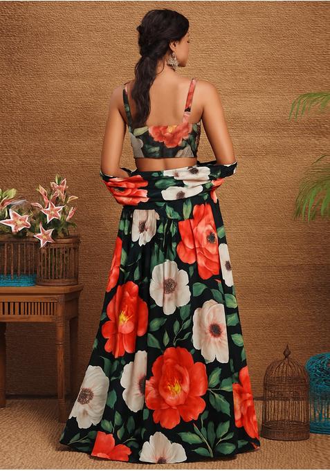 Black Georgette Printed Lehenga Set