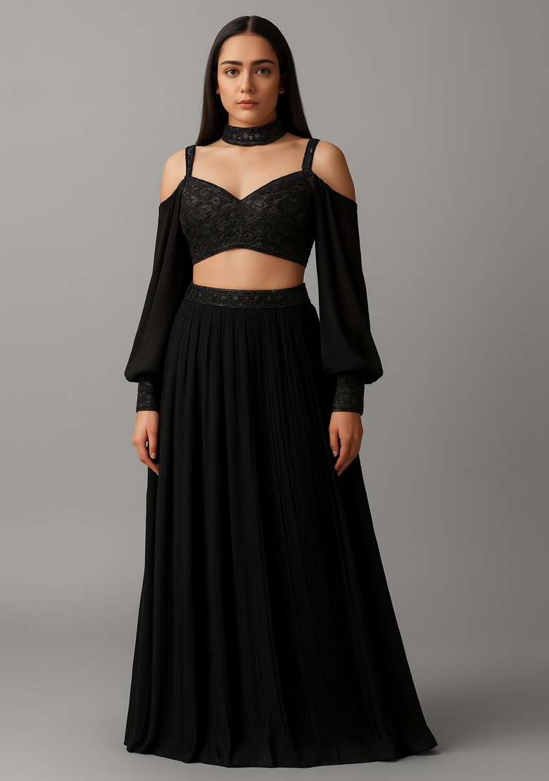 Black Georgette Sequin Embellished Blouse Lehenga Set - Indya