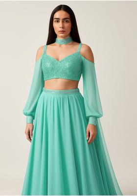 Sage Green Georgette Embellished Blouse Lehenga Set
