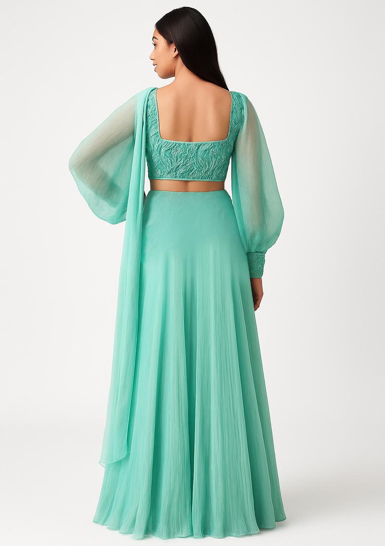 Sage Green Georgette Embellished Blouse Lehenga Set - Indya