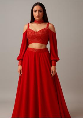 Red Georgette Embellished Blouse Lehenga Set