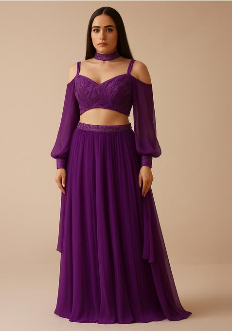 Purple Georgette Sequin Embellished Blouse Lehenga Set