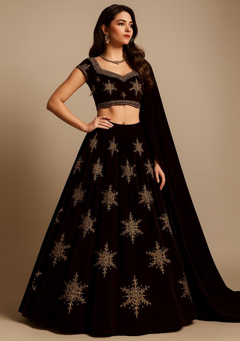Dark Brown Velvet Sequin Embroidered Lehenga Set