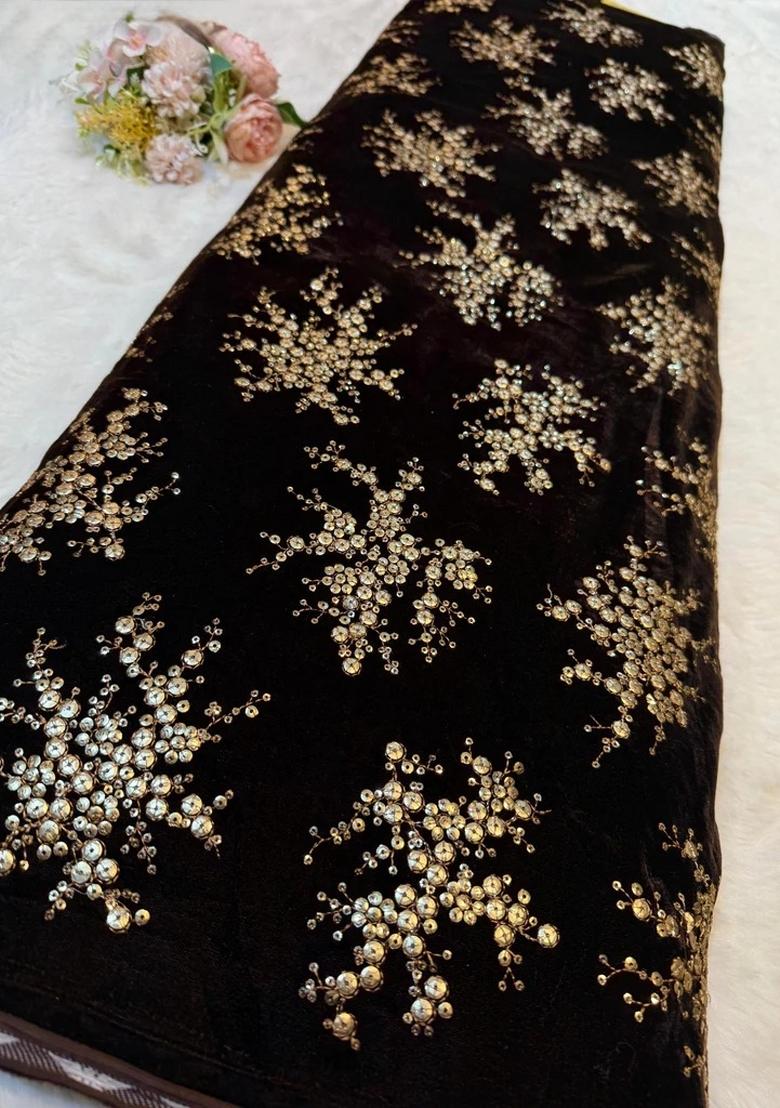 Dark Brown Velvet Sequin Embroidered Lehenga Set