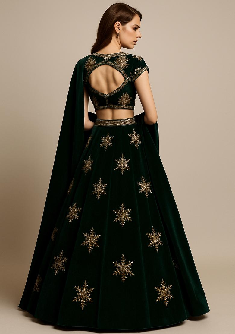 Bottle Green Velvet Sequin Embroidered Lehenga Set - Indya