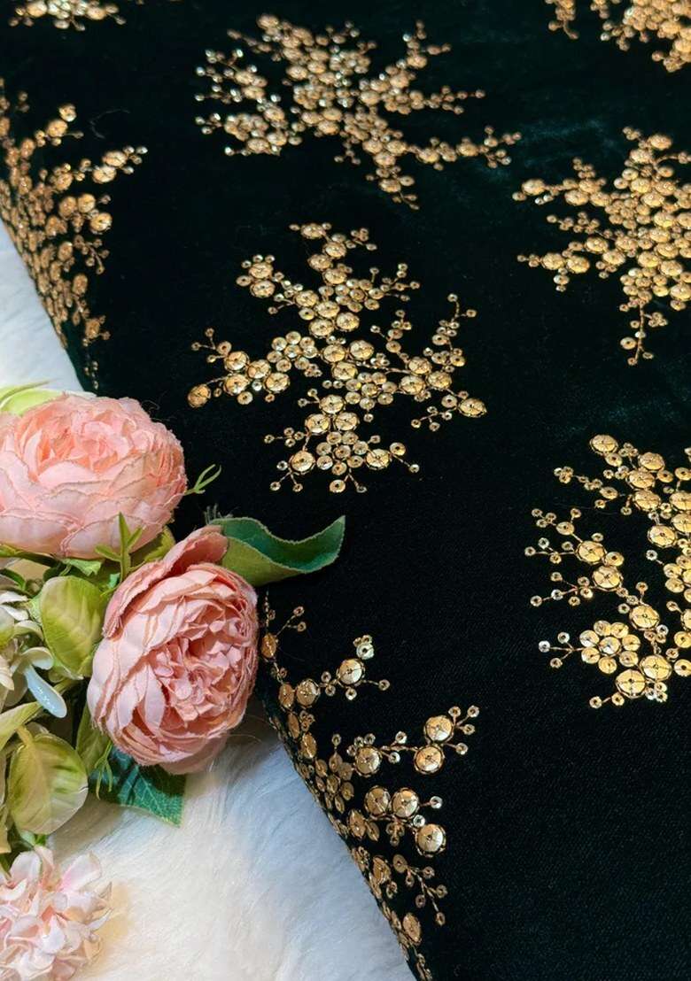 Bottle Green Velvet Sequin Embroidered Lehenga Set - Indya