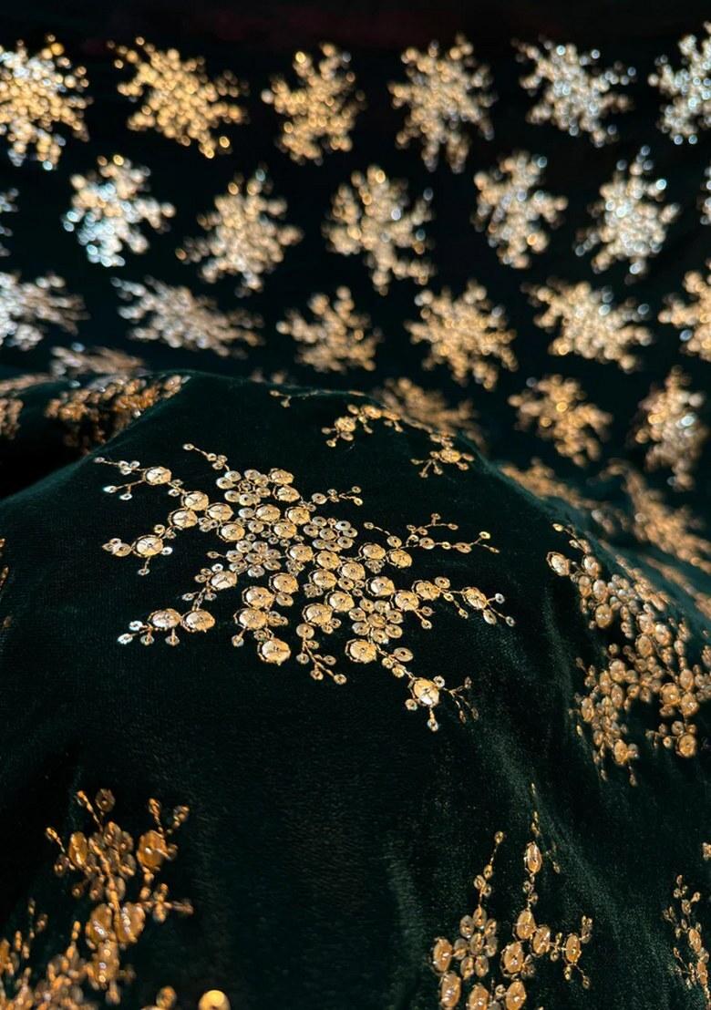 Bottle Green Velvet Sequin Embroidered Lehenga Set - Indya