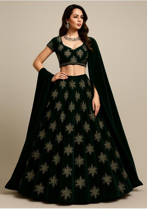 Bottle Green Velvet Sequin Embroidered Lehenga Set — view on Indya
