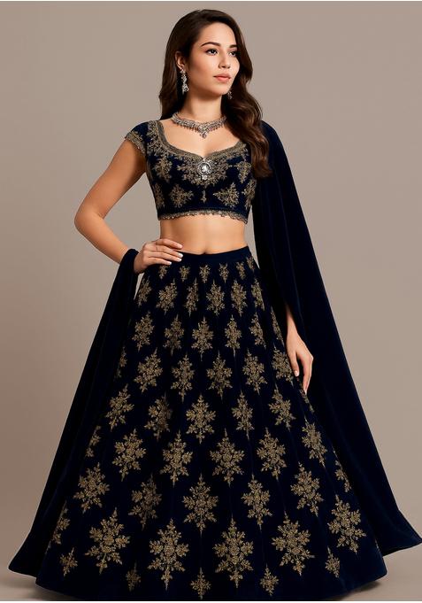 Navy Blue Velvet Sequin Embroidered Lehenga Set