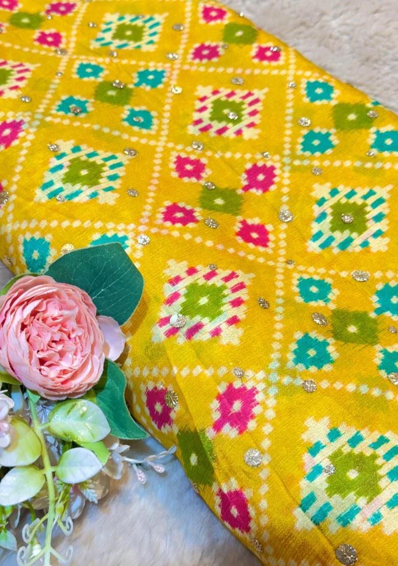 Yellow Chinon Printed Lehenga Set - Indya