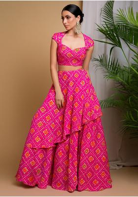 Pink Chinon Printed Lehenga Set
