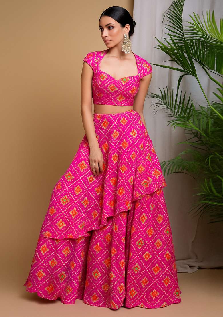 Pink Chinon Printed Lehenga Set - Indya