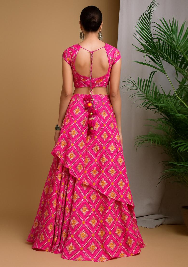 Pink Chinon Printed Lehenga Set - Indya