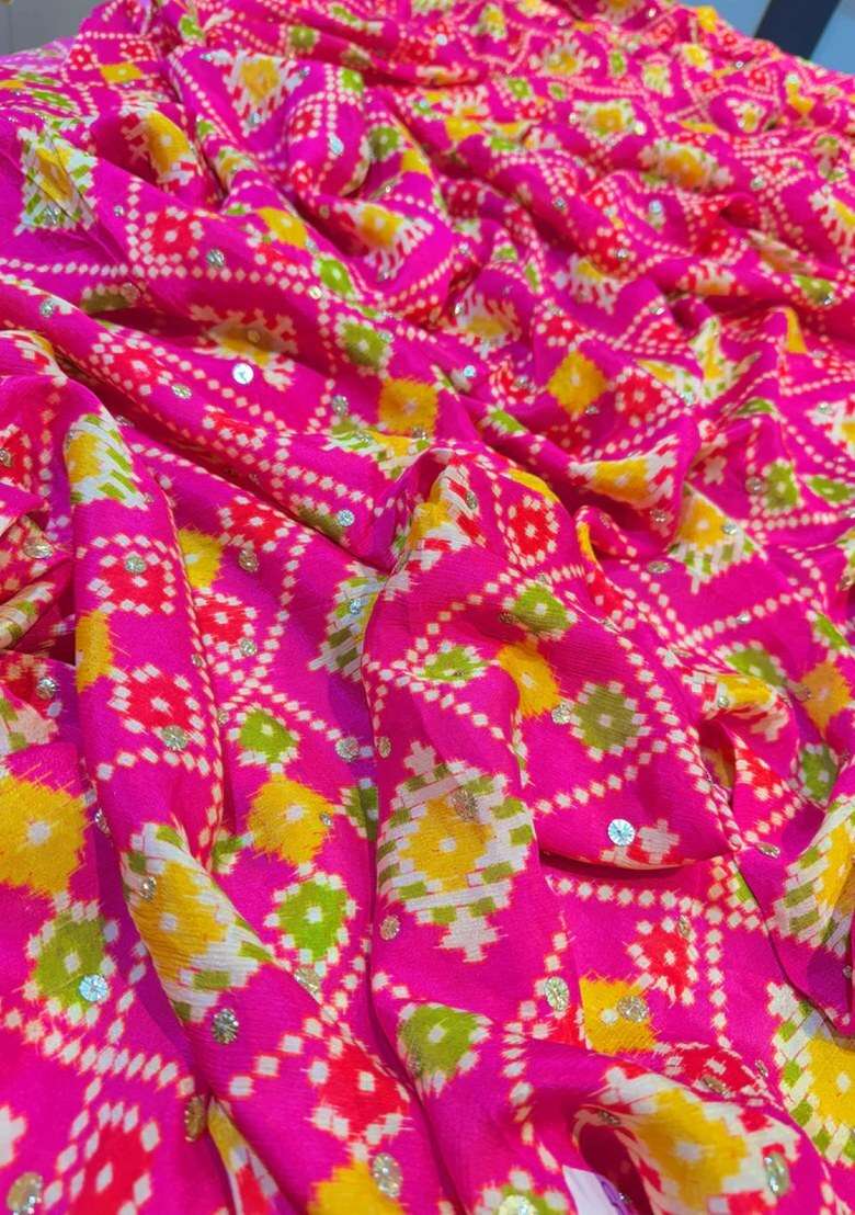 Pink Chinon Printed Lehenga Set - Indya