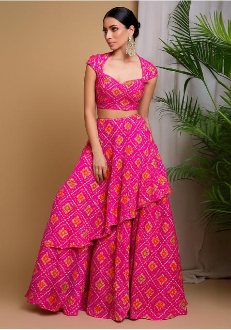 Pink Chinon Printed Lehenga Set — view on Indya