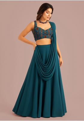 Teal Blue Embroidered Georgette Lehenga Set