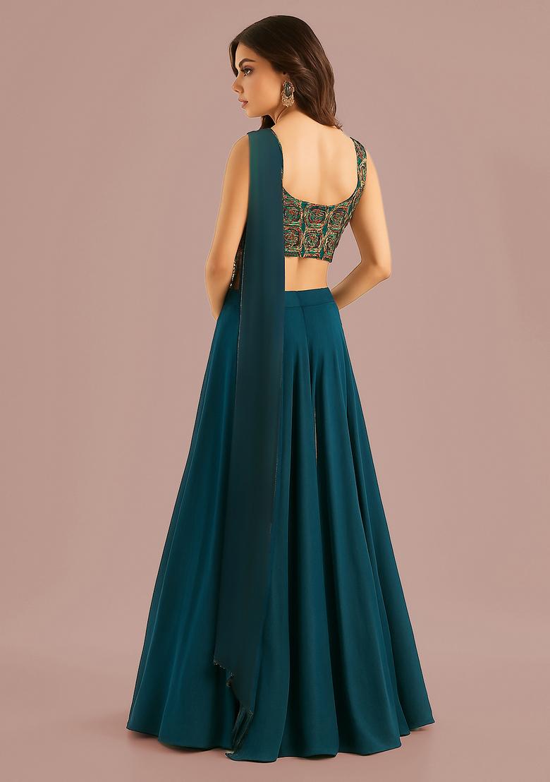 Teal Blue Embroidered Georgette Lehenga Set - Indya