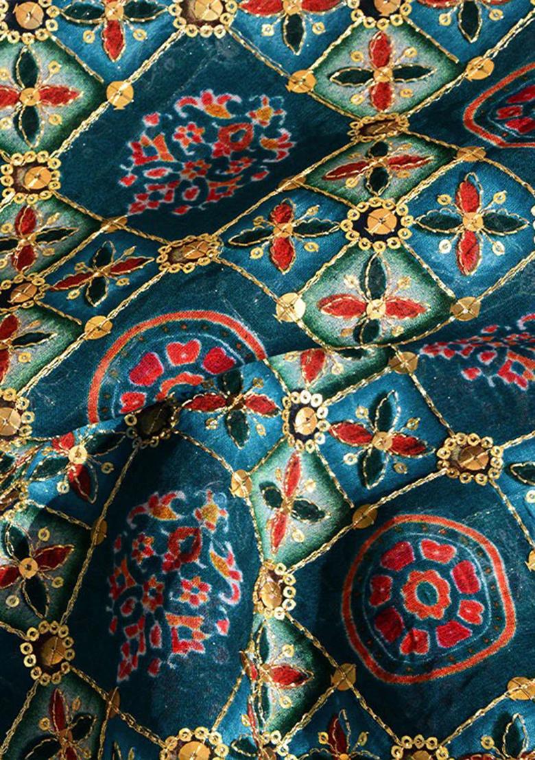 Teal Blue Embroidered Georgette Lehenga Set