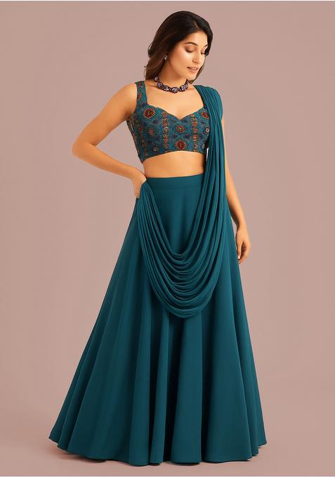 Teal Blue Embroidered Georgette Lehenga Set