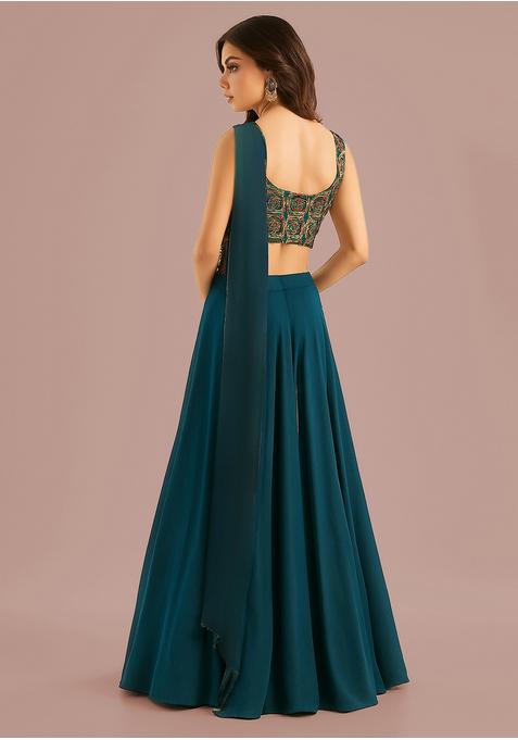 Teal Blue Embroidered Georgette Lehenga Set